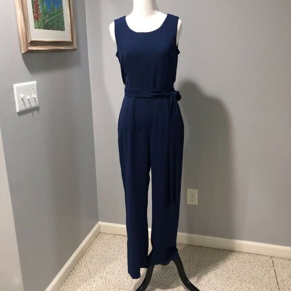 Tahari Navy Blue Sleeveless One-Piece Jumpsuit with Tie Sash Size 2 - Picture 1 of 10
